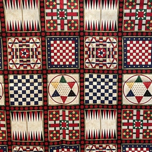 Vintage Board Game Fabric Chess Checkers Backgammon Parcheesi Squares 1994 Quilting Craft Cotton by 1/2 Yard
