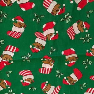 Vintage Christmas Teddy Bears in Santa Hat in stocking Whimsical Cute funny faces 1980s 3/4 Yard Cotton Blend?