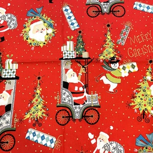 LAST 1/2 Yard Red Santa Claus Coming to Town Retro Christmas Fabric Alexander Henry Rare Collectible Cotton Snowman Quilting 2006 OOP Red