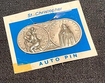 Vintage St Christopher St Jude AUTO PIN Car Badge Safe Travel Life  Silver tone Metal on Original Card Italy Father Mother's Day