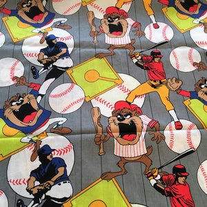 Vintage Taz Fabric Baseball Players Tazmanian Devil Sports Cotton Cartoon WB UBI 1992  Half Yd, Yard Please Read Select Option