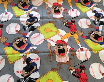 Vintage Taz Fabric Baseball Players Tazmanian Devil Sports Cotton Cartoon WB UBI 1992  Half Yd, Yard Please Read Select Option