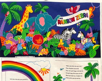 Vintage Rainbow Zebra Colorful Jungle Animals Fabric Soft Book diy, Quilt Panel Squares, Cranston VIP