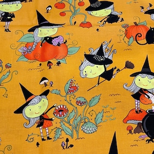 May include: A repeating pattern on a yellow background features cartoon witches with black hats and silver hair. The witches are interacting with pumpkins, mushrooms, and carnivorous plants. A black cat is also present in the design. The overall theme is Halloween.
