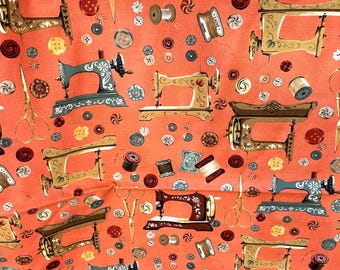 Vintage Couturier Antique Sewing Machines & Notions Toss Cotton Fabric Snappy Salmon Color 1/2 Yard