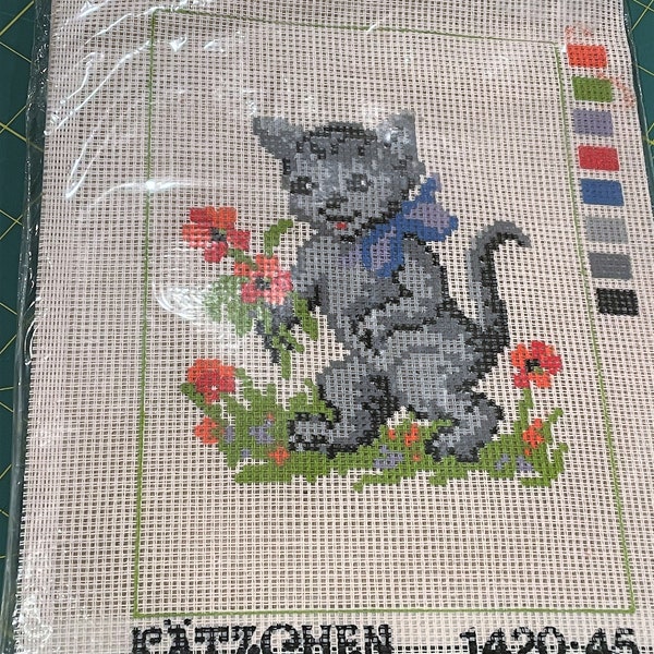 Vintage German Katzchen Kitten Needlepoint Penelope Canvas Tapestry Embroidery Kit with Yarn Anthropomophic Little Cat, Bird, 8x5.5"