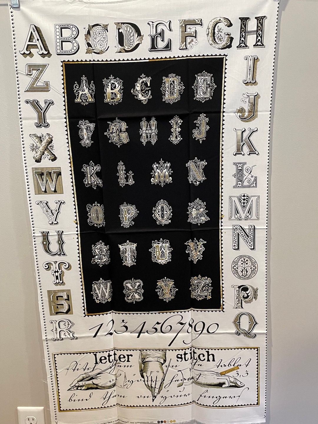 Ornate Alphabet Typography Fabric Panel Draw Near Numbers, Penmanship