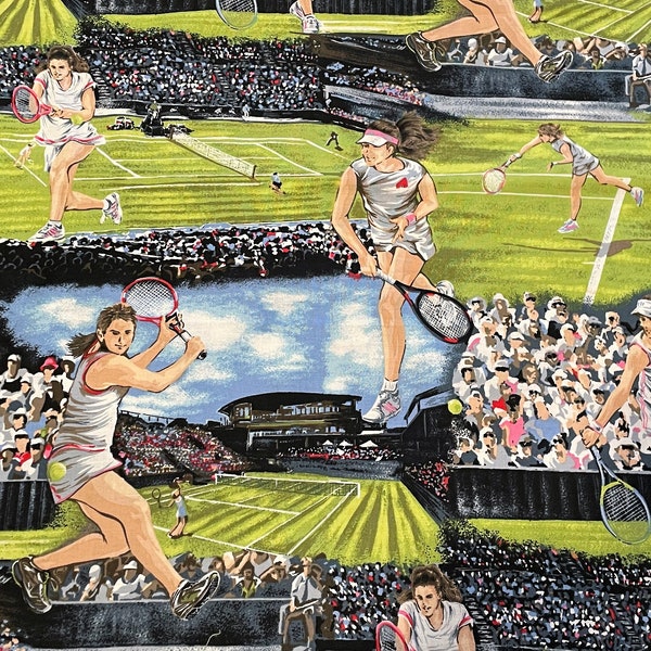 Tennis Sports Novelty Fabric Cotton Women's Tennis Playing Tournament, Lawn Tennis? Quilting RJR 2009 Out of Print OOP by Yard