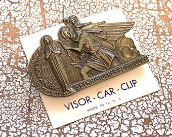 Vintage St Christopher Visor Car Clip Our Lady of the Highway Safe Travel Bronze Pewter- tone Metal on Original Card USA Father's Day