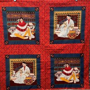 May include: A red fabric panel featuring four framed illustrations of a person in traditional attire. Each illustration is framed in blue and surrounded by a red background with a repeating pattern. The borders have additional illustrations.