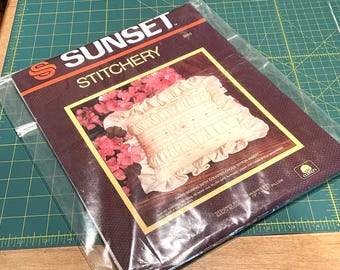 Vintage Cross Stitch Embroidery MONGRAM PILLOW Kit Personalize DIY Finished Size 9.5x10.5 inches 1984 Sunset Stitchery Nancy Rossi