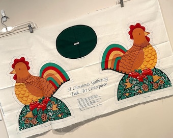 Vintage Rooster Folk Art Centerpiece Christmas Gathering Fabric Panel Cut and sew panel Pillow Decor diy Wamsutta