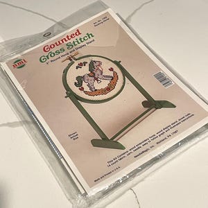 Vintage Mini Rocking Horse Counted Cross stitch 3&quot; Round Hoop and Display Stand Kit NeedleMagic Crafty diy Project Sealed NMI