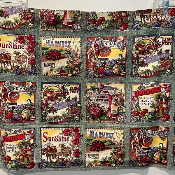 Vintage Autumn Harvest Tractor Fruit Vegetable Crate Seed Labels Fabric Farm Indian Corn, Pilgrim Floral Squares Last Piece 25.5"Lx44"W