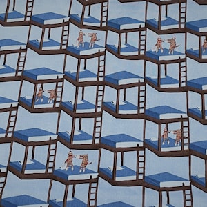 May include: A blue and brown fabric with a repeating pattern of bunk beds with monkeys on them. The monkeys are wearing striped shirts and are holding hands.