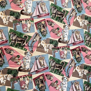 Vintage Victorian Cats & Dogs Patch Collage Fabric Anthropomorphic Kittens, Puppies Scenes Cotton Quilting HollyTex  1990s 1/2 Yard, More