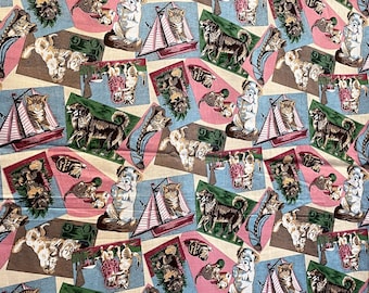 Vintage Victorian Cats & Dogs Patch Collage Fabric Anthropomorphic Kittens, Puppies Scenes Cotton Quilting HollyTex  1990s 1/2 Yard, More