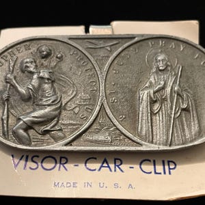 Vintage St Christopher St Jude Car Visor Car Badge Safe Travel Life  Silver Pewter tone Metal on Original Card USA Italy Father Mother&#39;s Day