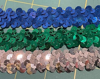 Vintage Sequin Stretch Elastic Trim 2 row Choose Silver, Green, or Blue sold by the Yard
