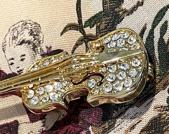 Vintage Rhinestone Violin Gold Tone Metal Brooch Pin Figural Musical Instrument Nicely Weighted Mint Condition 2.25"