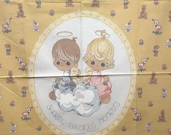 Vintage Sharing PRECIOUS MOMENTS Girl and Boy Angels Baby Animals Fabric Panel Quilt Top Wall Hanging diy Spectrix 1990s Samuel Butcher Co