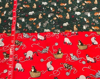 2 Prints Vintage Kitty Cats Fabric Playing Kittens, Yarn Quilt Cotton by FQ Fat Quarter 18x21" Hi-Fashion Fabrics Red Concord Green Choice