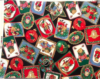 Vintage Christmas Motif Patch Postcards Ornaments Fabric Gold Metallic Details Santa Angel Teddy Bears Concord Joan Kessler 21x28"