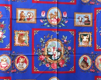 Vintage Farm Animals Fabric Anthropomorphic Family Portraits Cat, Cow,Rooster,Horse,Dog,Bunny, Wamsutta Quilting, Applique diy BLUE