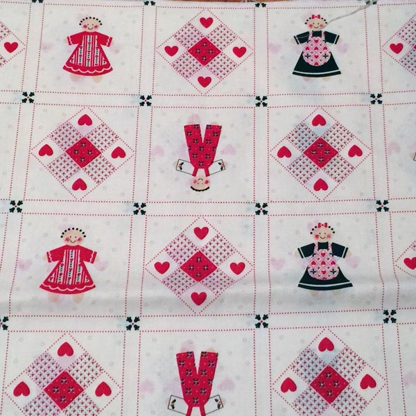 Primitive Vintage Fabric Circle of Friends Folk Christmas Children Hearts Squares Cheater Faux patchwork Quilt cotton 1980s Lg FQ 22"