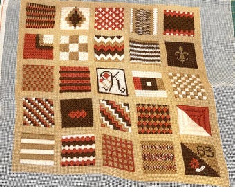 Vintage Geometric Needlepoint Sampler Finished Hand Stitched Multi Stitches Chevron Fleur-de-lis, INITIAL K 1983, diy Pillow top or Picture
