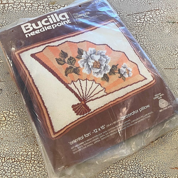 Vintage Bucilla ORIENTAL FAN Needlepoint Pillow Kit Magnolia Floral Painted Canvas 1980 DIY 12x15" When Completed, Please read listing