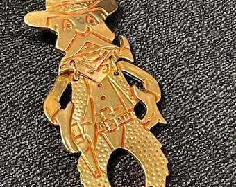 Vintage COWBOY Articulated Brooch Pin Gold Tone Metal Figural by Gold Crown Inc Costume Jewelry Excellent Condition 3.25" Father's Day gift