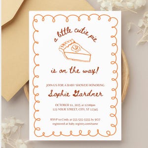 A Little Cutie Pie Is On The Way Baby Shower Invitation, Cutie Pie Baby Shower, Hand Drawn Fall Baby Shower Invite, Editable Canva Template