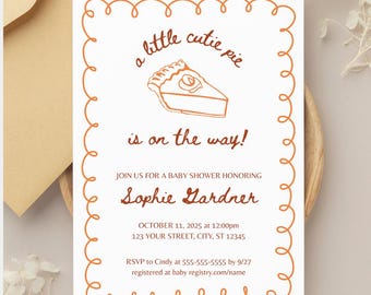 A Little Cutie Pie Is On The Way Baby Shower Invitation, Cutie Pie Baby Shower, Hand Drawn Fall Baby Shower Invite, Editable Canva Template