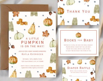 Conjunto de invitaciones para baby shower de calabaza pequeña, paquete de invitaciones para baby shower de otoño de género neutro, plantilla editable de Canva, libros imprimibles para bebés