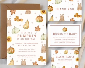 Pacote de convites para chá de bebê de outono, conjunto de convites para chá de bebê com abóbora, modelo editável do Canva, livros para download instantâneo para cartão de bebê