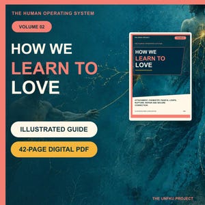 Op de afbeelding: Een 42-pagina tellende digitale PDF-geïllustreerde gids getiteld The Human Operating System Volume 02: How We Learn To Love. De cover toont een donkerblauwe onderwaterscène met een persoon en tekst over hechting en verbinding.