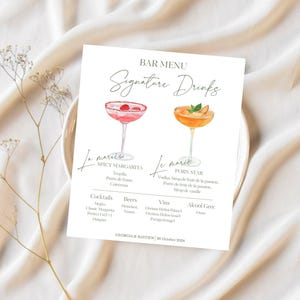 wedding cocktail menu, carte de cocktails mariage, mariage papeterie, canvas printable, printable menu mariage, cocktail menu canvas