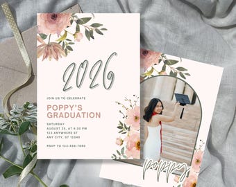 Pink Graduation Announcement Template, Photo Grad Party Invite, Editable Floral Canva Graduation Invitation 2026