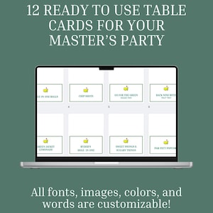 May include: A laptop screen displays 12 table cards for a Master's Party, each with a golf-themed icon. The cards include phrases like "Chip Shots" and "Green Jacket Lemonade." Text at the bottom states, "All fonts, images, colors, and words are customizable!"