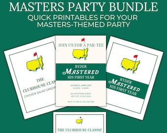 masters party bundle, golf party decorations, editable food tent cards and invitation, green jacket party, canva template, instant download