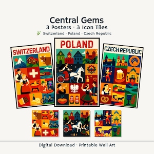 Puede incluir: Un conjunto de seis carteles y azulejos coloridos con ilustraciones de Suiza, Polonia y la República Checa. Los carteles muestran los nombres de los países. También se ve el texto "Central Gems" y "Digital Download - Printable Wall Art".