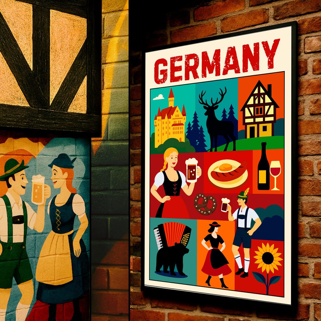 German Fun Poster Germany in Colors – Germany Travel Poster | Bavarian Hat, Pretzel, Beer ...