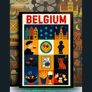 May include: A framed poster titled BELGIUM featuring a grid of nine colourful illustrations representing Belgian culture, including architecture, the Atomium, a waffle, Manneken Pis, chocolates, a comic strip, a dog, mussels, fries, and beer.