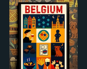 Belgium in Colors – Belgium Travel Poster | Atomium, Grand Place & Waffles | Printable Wall Art | Digital Download