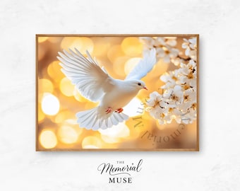 Arte conmemorativo de la paloma blanca: Impresión de pájaro sereno y flores (descarga digital)