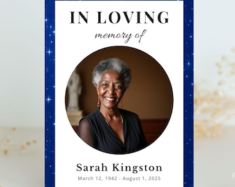May include: A rectangular funeral programme card with a dark blue border featuring a starry night sky pattern. The text reads IN LOVING memory of Sarah Kingston March 12, 1942 - August 1, 2025. A circular photo of a smiling person is centred.