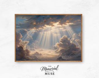 Celestial Cloudscape Print: Ethereal Sun Rays, Rustic Sky Art (Digital Download)
