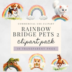 May include: A collection of watercolour clipart featuring various animals, including a dog, cat, and horse, each positioned on a rainbow bridge. The text reads "Rainbow Bridge Pets 2 clipart pack" with "10 transparent PNGs" below. The style is whimsical and colourful.