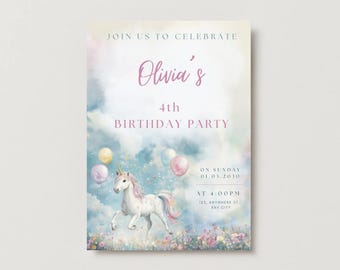 Invitación de cumpleaños de unicornio editable – Plantilla de fiesta en acuarela (Descarga digital)